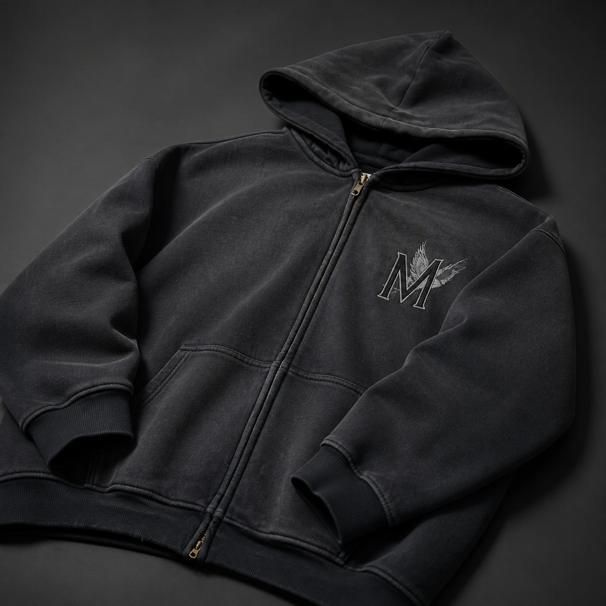 Detail view of the black Mavanni Full-Zip Hoodie — AI-generated product visualization