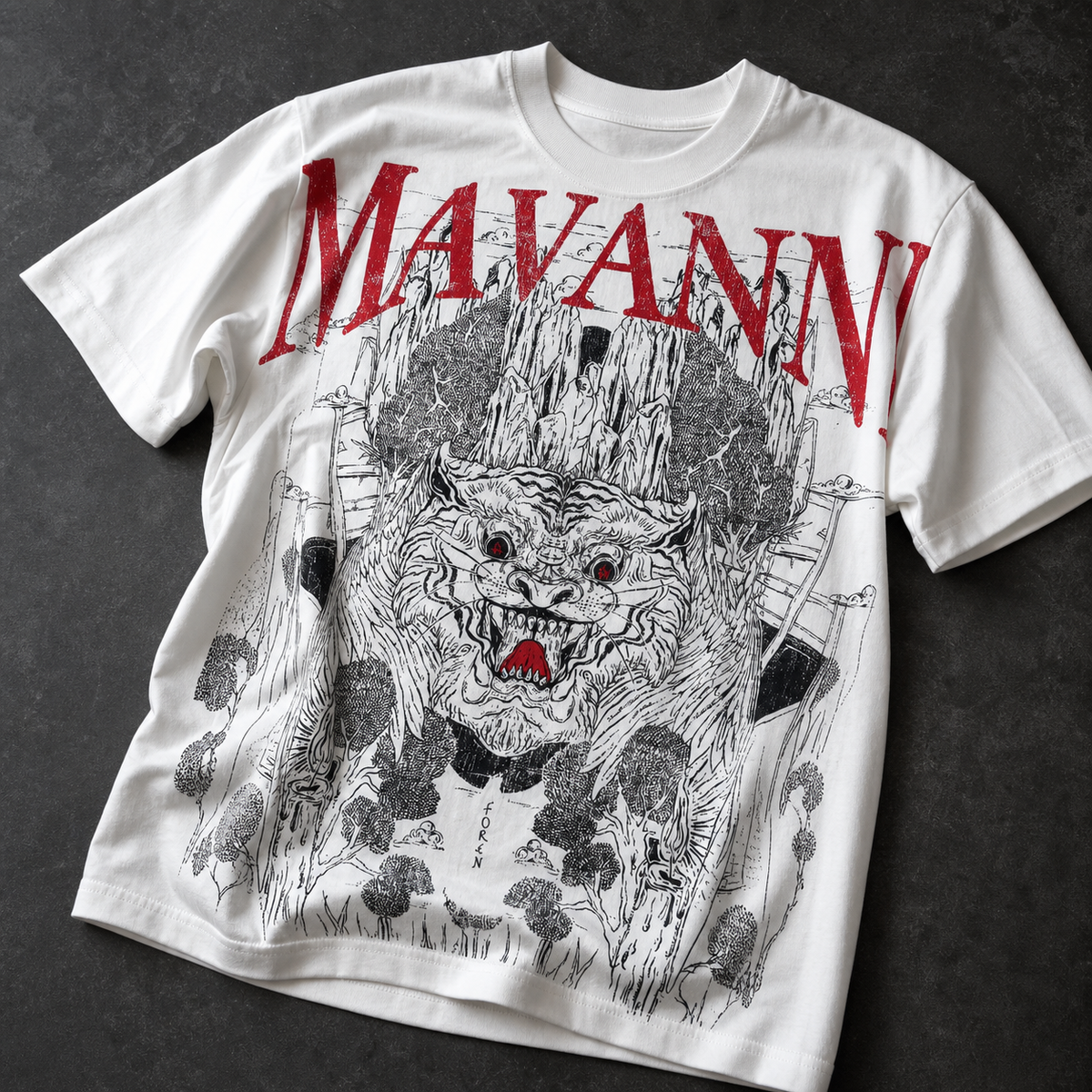 Detail view of the off-white Mavanni Tee — AI-generated product visualization