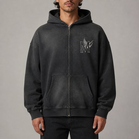 Model wearing the black Mavanni Full-Zip Hoodie — AI-generated product visualization