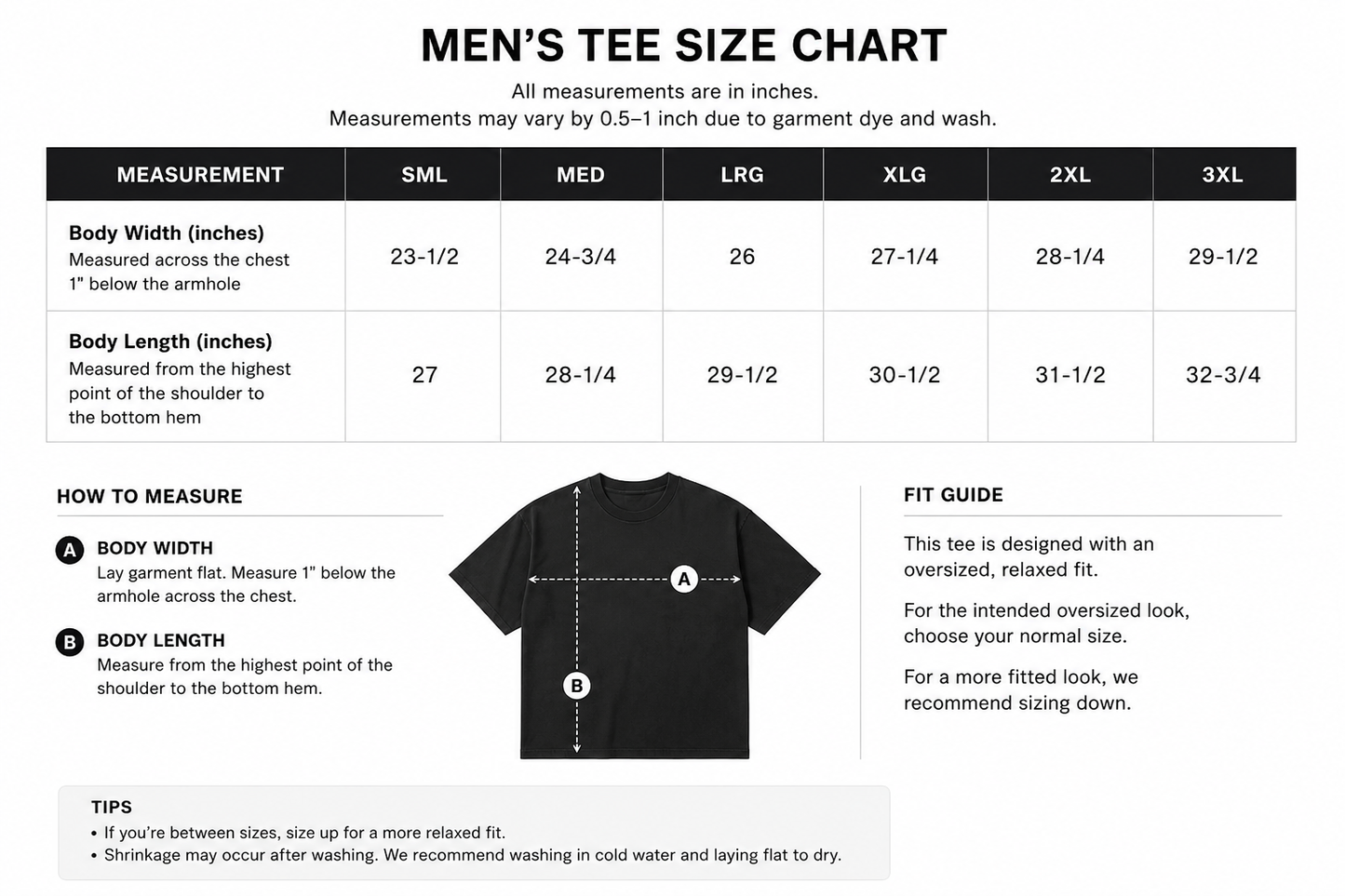 Mavanni men's oversized tee size chart — body width and body length measurements