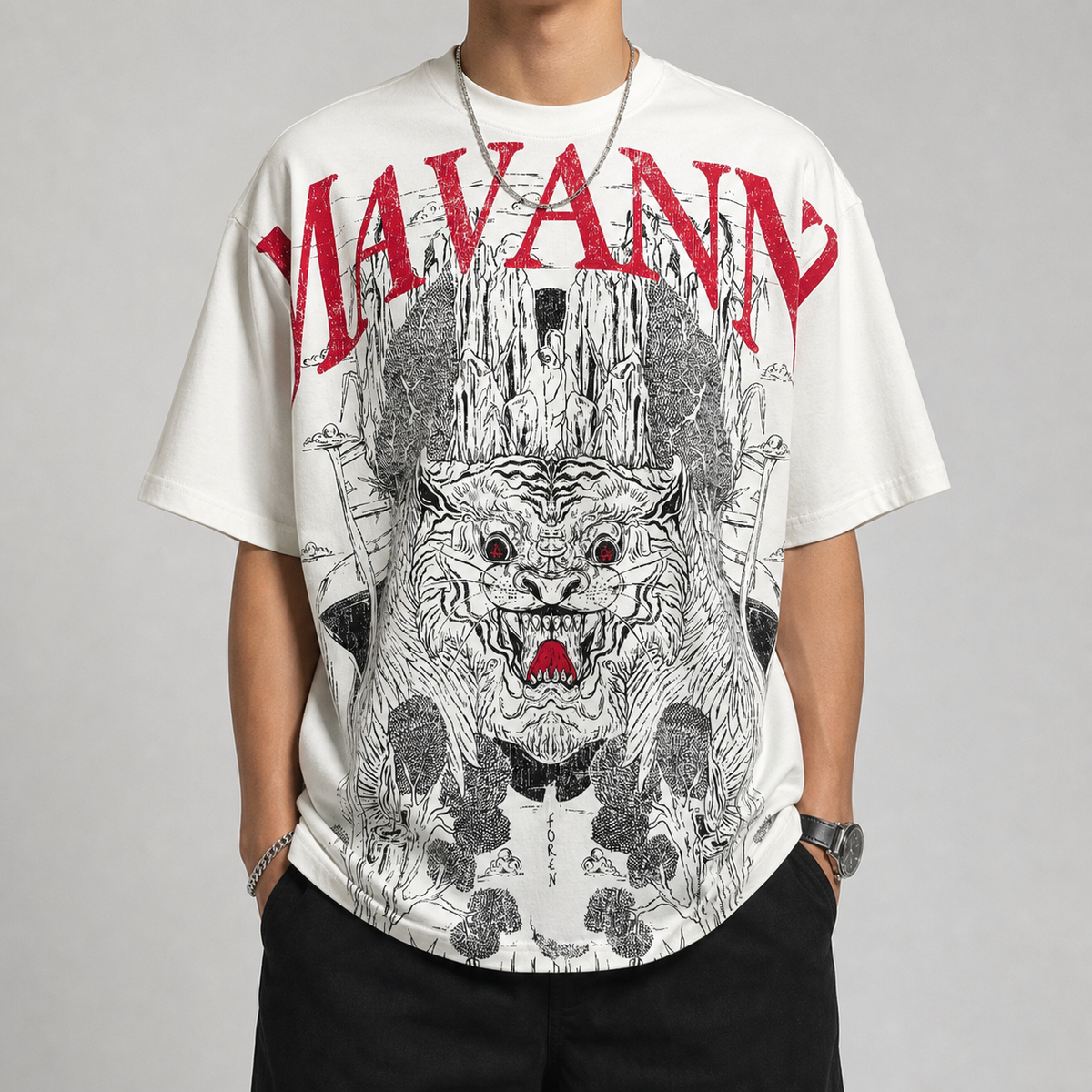 Model wearing the off-white Mavanni Tee — AI-generated product visualization