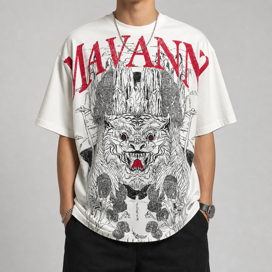 Model wearing the off-white Mavanni Tee — AI-generated product visualization